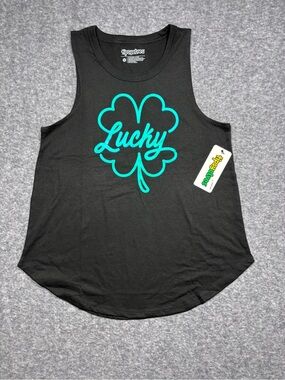 Tipsy Elves Black Tank Top with Clover "Lucky" Graphic
